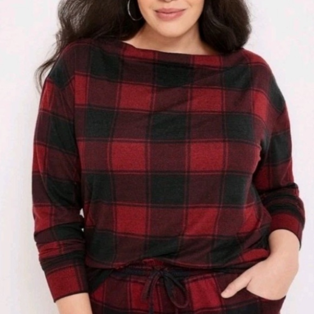 Maurices Medium Red Black Buffalo Plaid Boat Neck Soft Long Sleeve Top